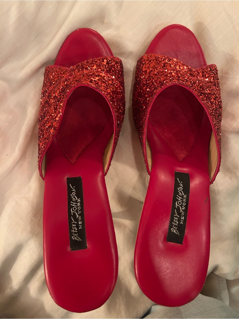 Vintage Y2K Betsey Johnson Polly Red Glitter Wood Platform Metal Stiletto Mules